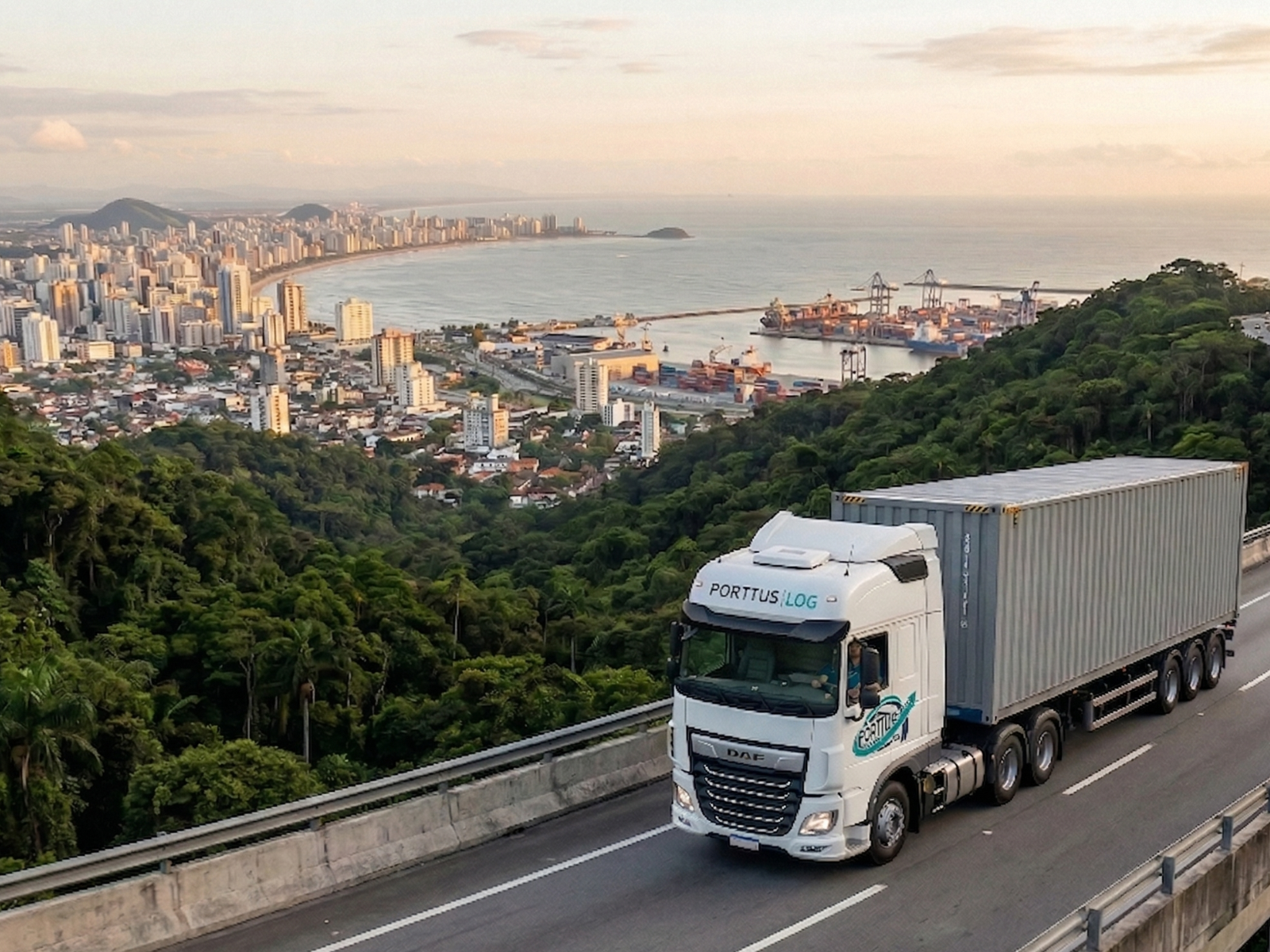 Caminhão com container rastreado em transporte rodoviário a partir do Porto de Santos